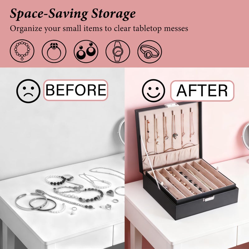 BEWISHOME Jewelry Box Organizer, 2-Layer Necklace Organizer Box, Modern Style Necklace And Bracelet Storage Case, Necklace Case for Women, Girls (Black SSH31B) - Image 4